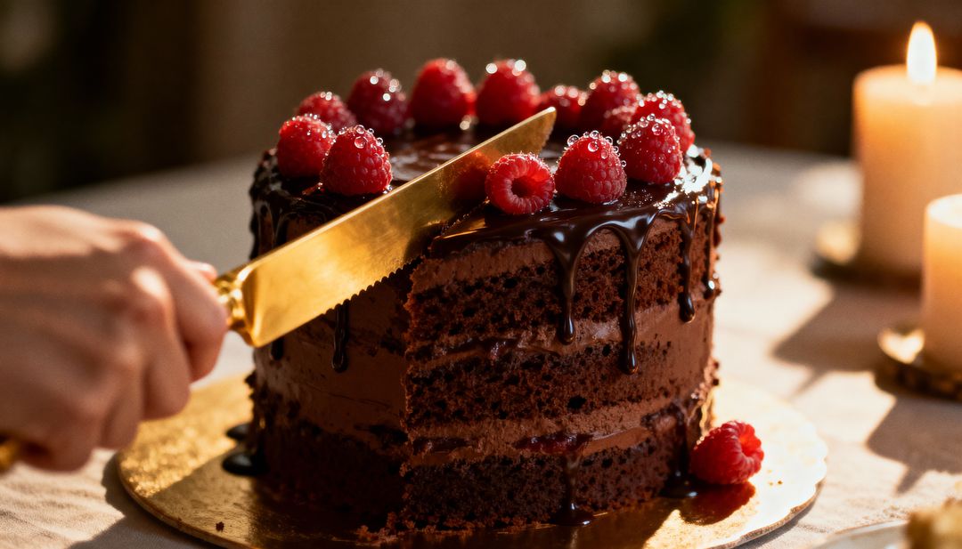 Slicing decadent chocolate layer cake dripping ganache and topped with fresh raspberries