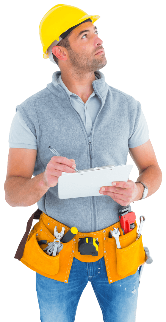 Transparent Worker Writing on Clipboard with Tools Belt