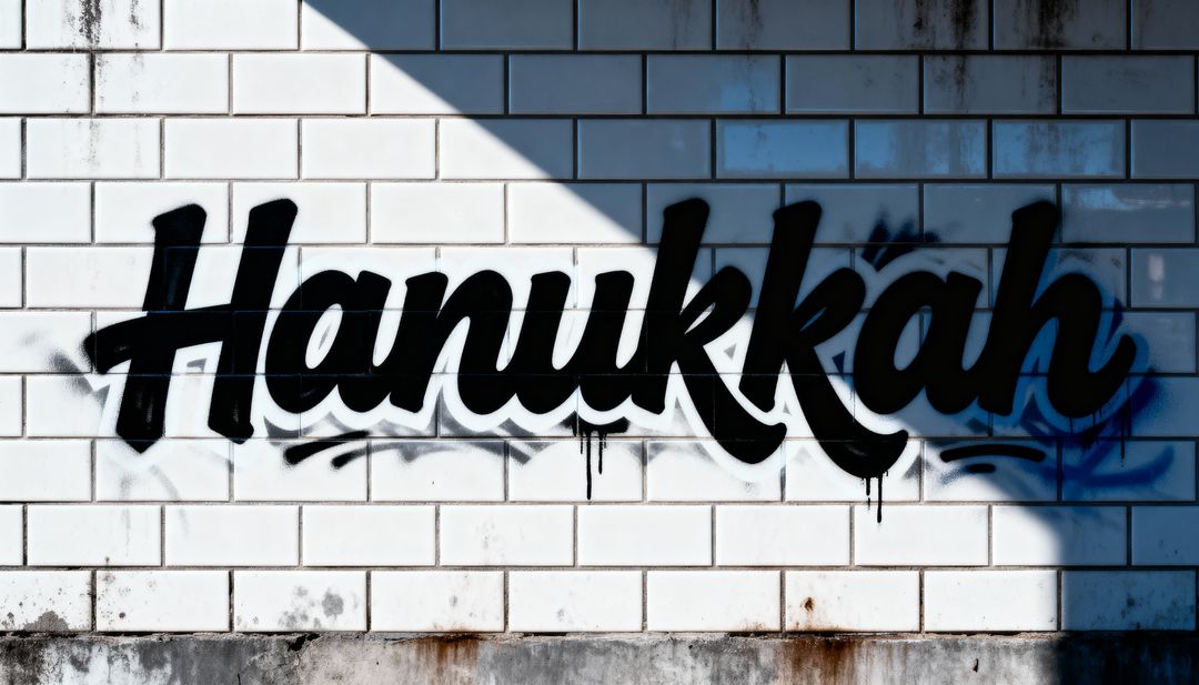 Hanukkah Street Art Graffiti on White Tile Wall with Black Cursive and Diagonal Shadow