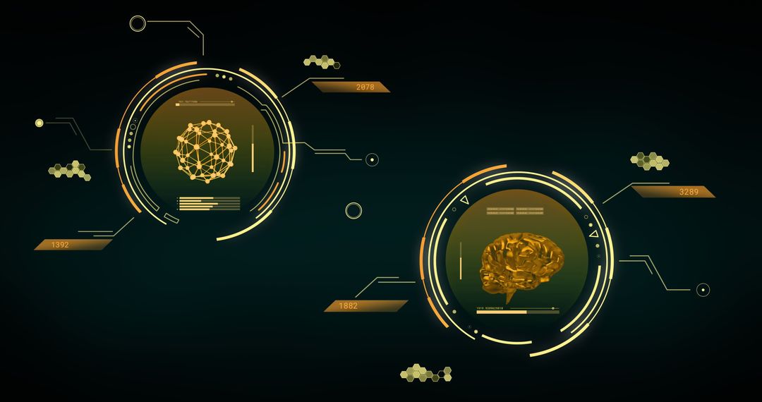 Digital Interface with Brain and Shapes over Dark Background