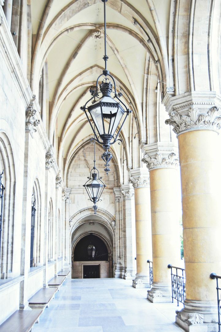 Historic Gothic Corridor with Vaulted Ceiling and Antique Lamp Posts - Free Images, Stock Photos and Pictures on Pikwizard.com