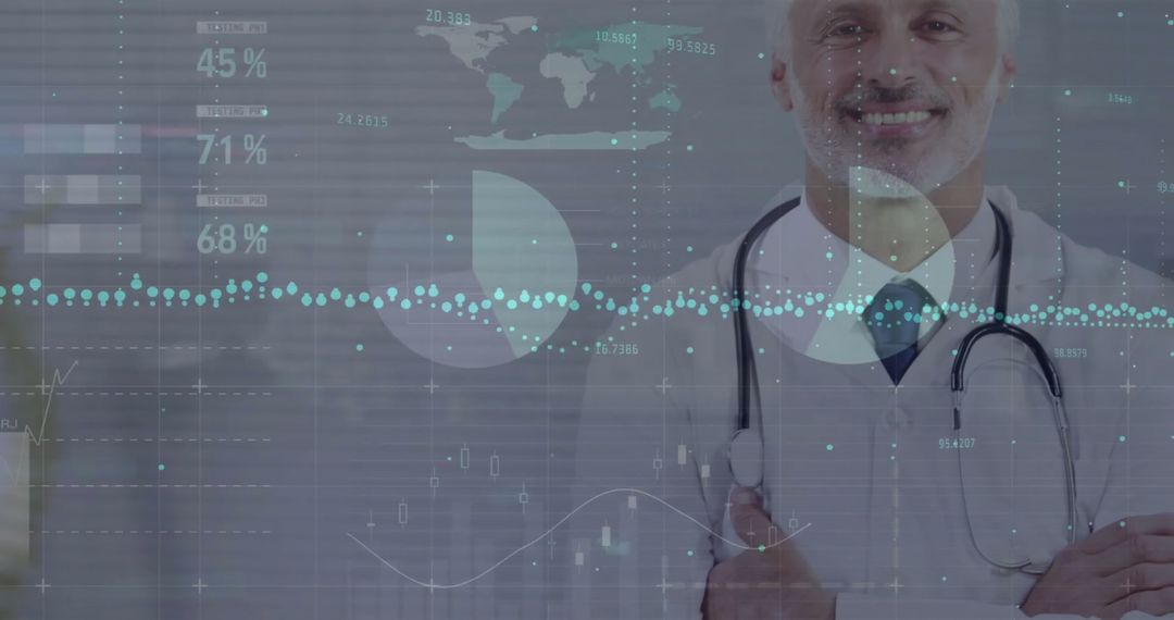 Doctor Surrounded by Digital Financial and Medical Data Interface
