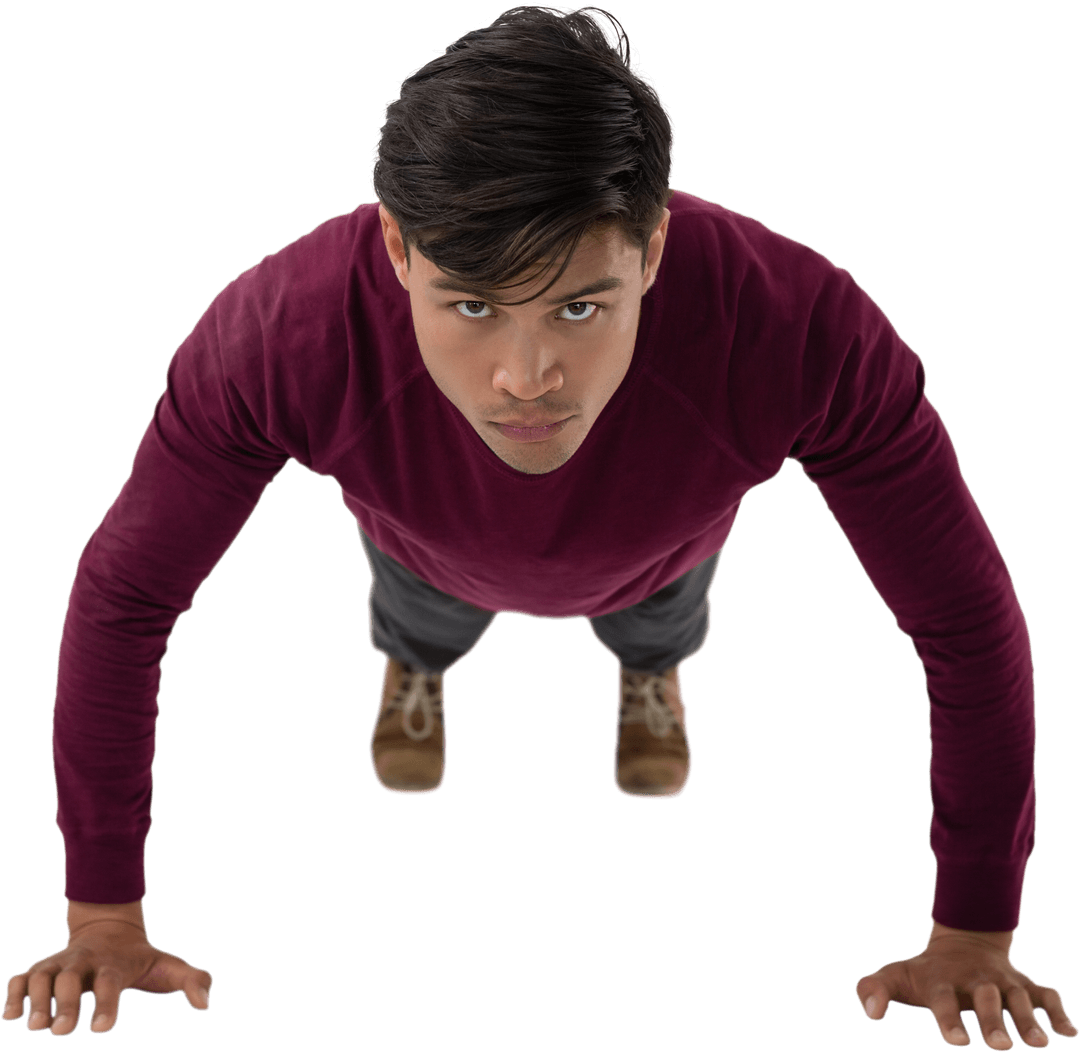Determined Young Man in Exercise Pose on Transparent Background