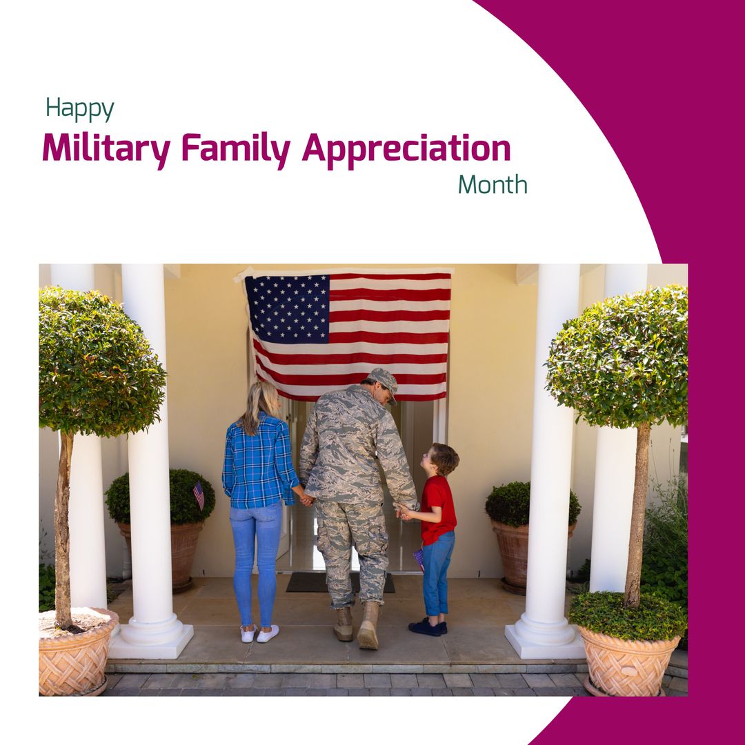 Back View of Military Family with American Flag