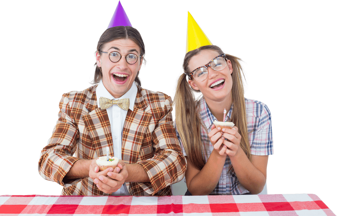 Transparent Nerdy Couple Celebrating Birthday with Joyful Expression