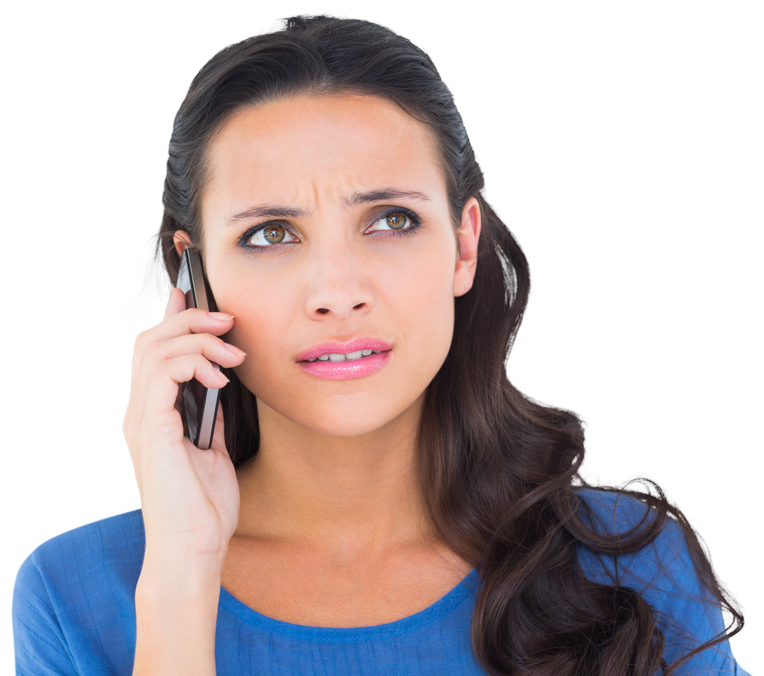 Worried Brunette Woman Talking on Phone with Transparent Background - Download Free Stock Images Pikwizard.com