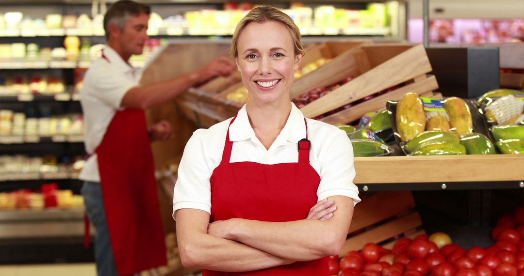 Smiling Supermarket Worker in Produce Section Wearing Red Apron - Free Images, Stock Photos and Pictures on Pikwizard.com