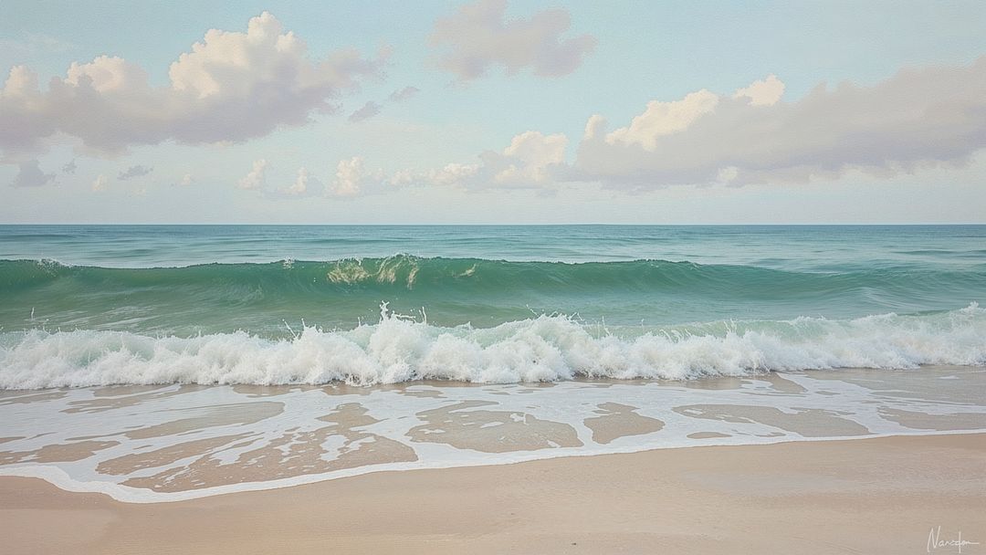 Tranquil Ocean Waves and Serene Sky on Sandy Beach