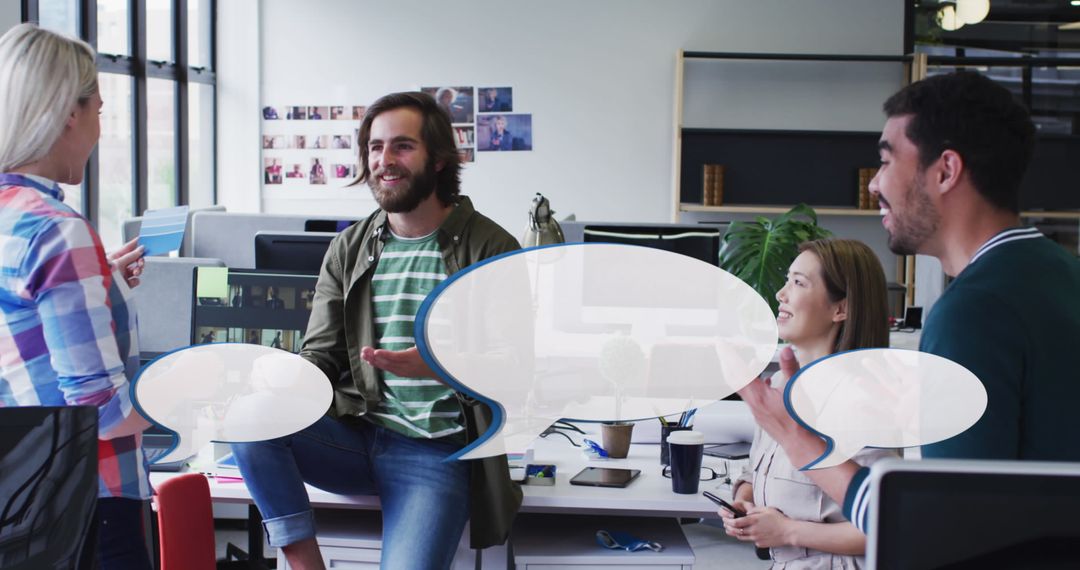 Diverse Team Engaging in Creative Business Meeting with Speech Bubbles