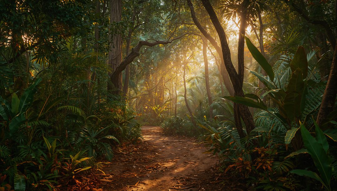 Sunlight Filtering Through Rainforest on Winding Dirt Trail