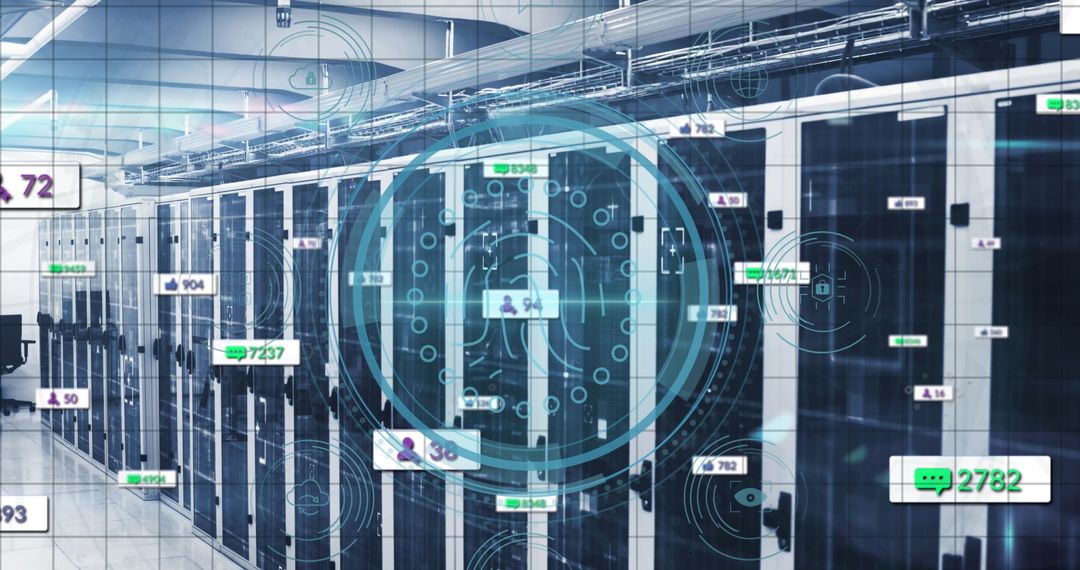 Digital User Interface Overlay on Modern Server Room Concept