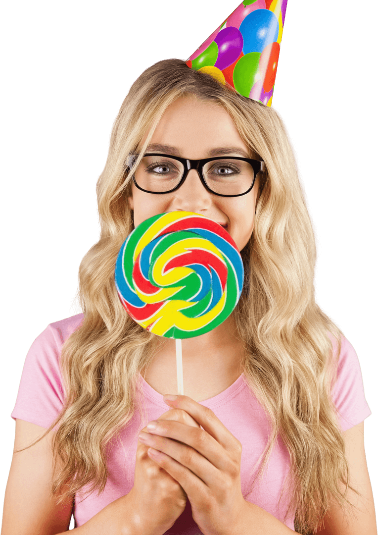 Girl in Transparent Party Hat Holding Lollipop Joyfully