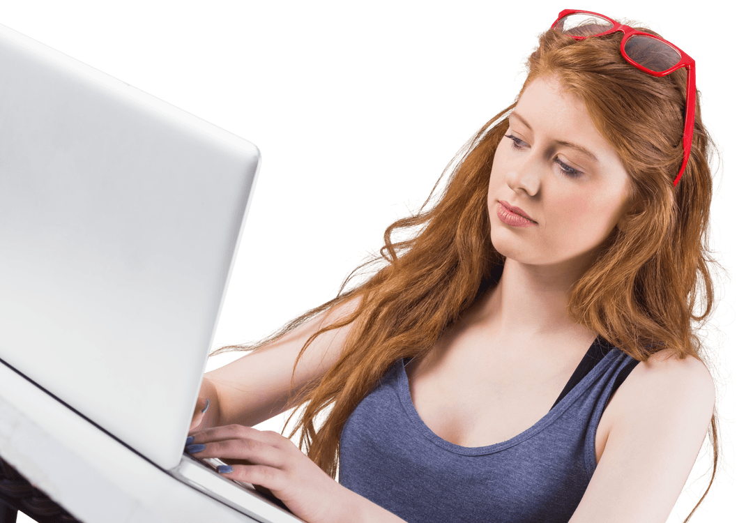 Transparent Redhead Woman Using Laptop With Red Glasses