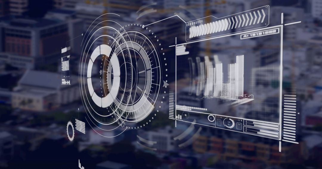 Digital Interface with Holographic Charts above Urban Landscape