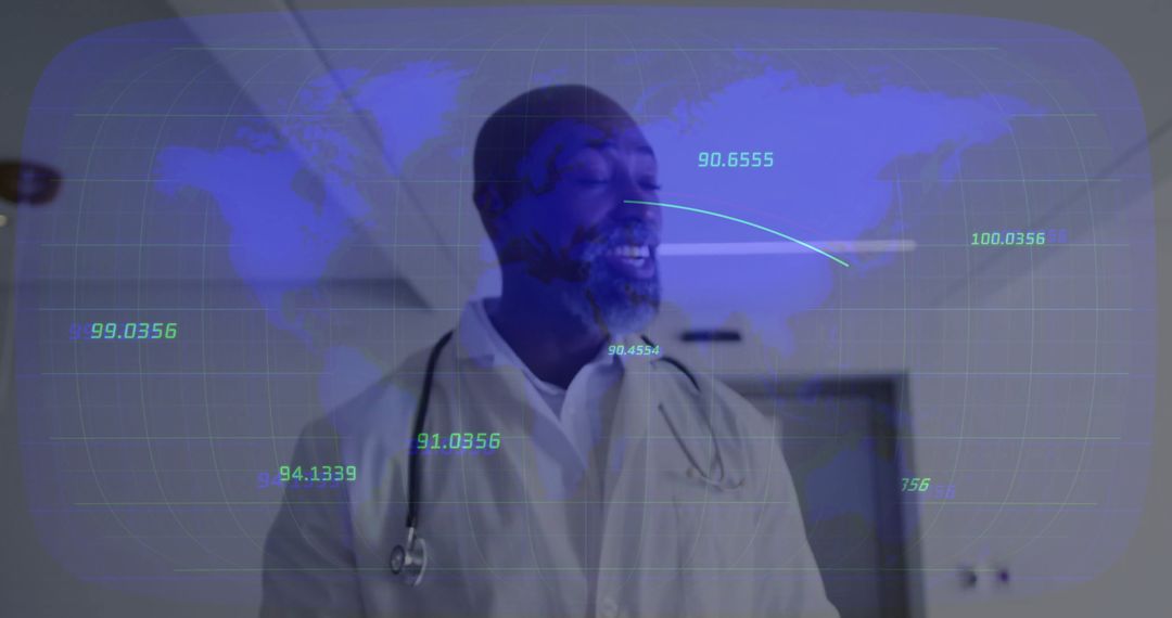 Doctor Analyzing Digital World Map with Holographic Interface