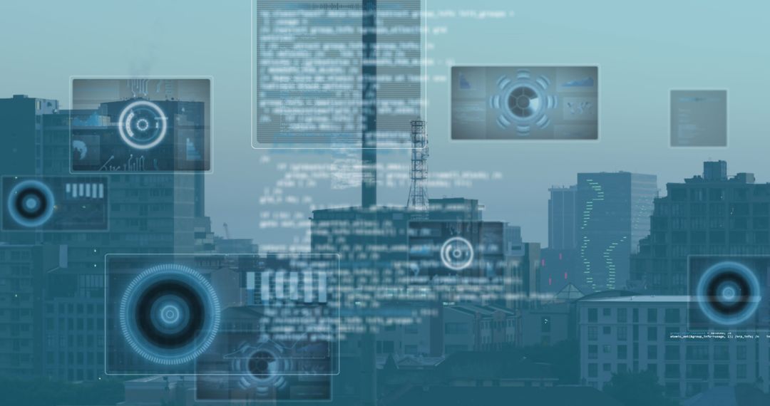 Digital Data Interfaces Over Modern Cityscape