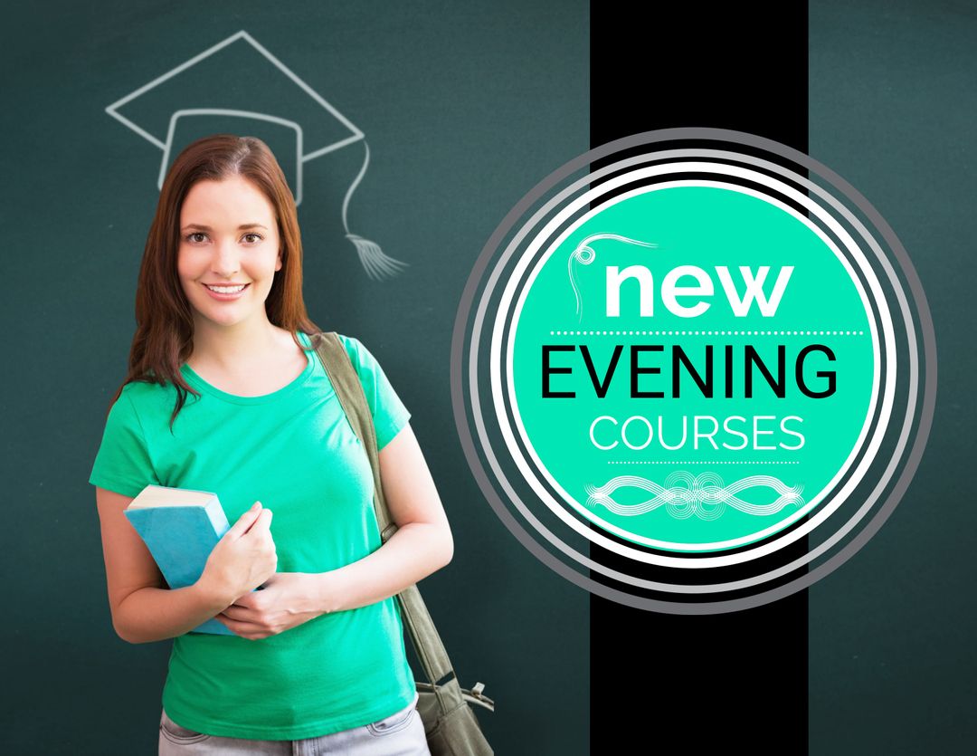 Smiling Student Promoting New Evening Courses in Green Classroom