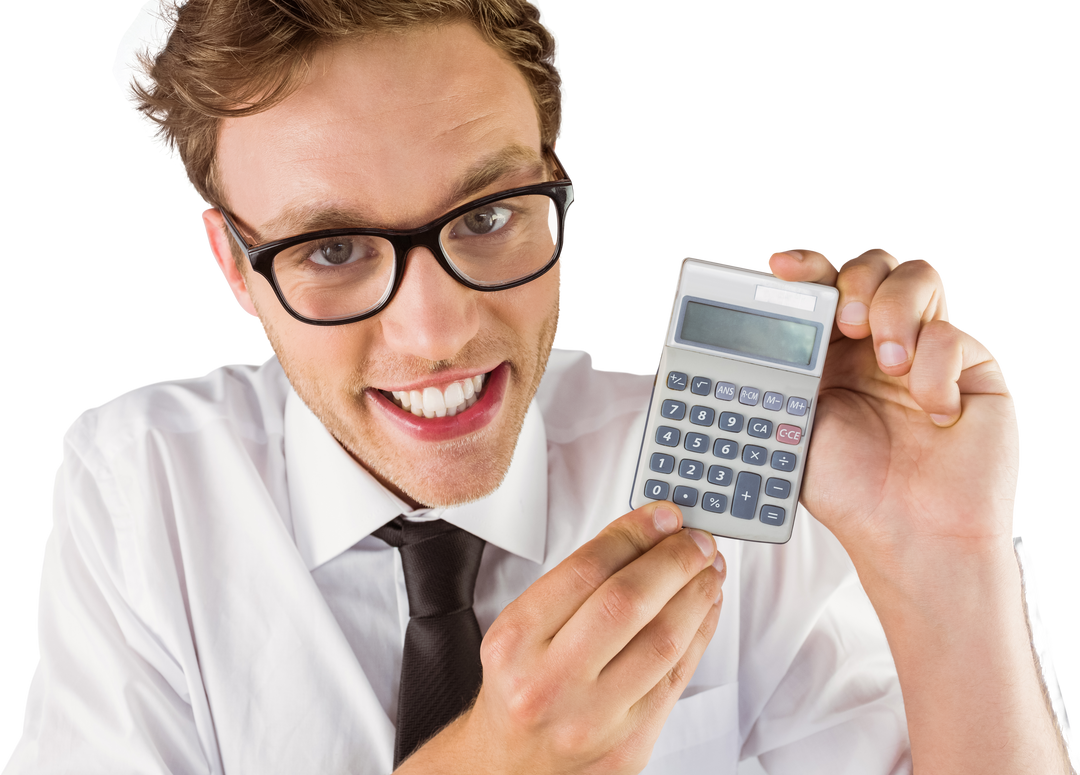 Transparent Geeky Businessman Displaying Calculator Cheerfully - Download Free Stock Images Pikwizard.com