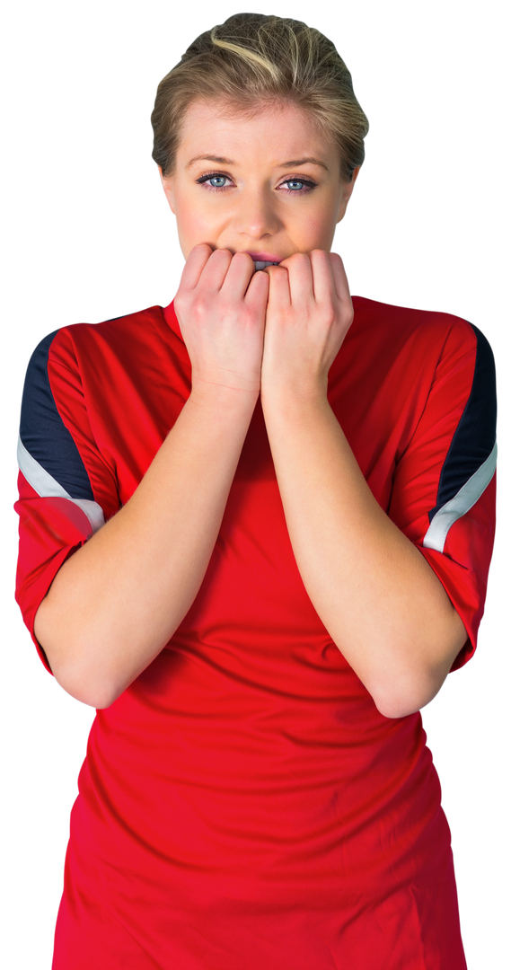 Nervous Female Football Fan in Red Team Jersey on Transparent Background - Download Free Stock Images Pikwizard.com