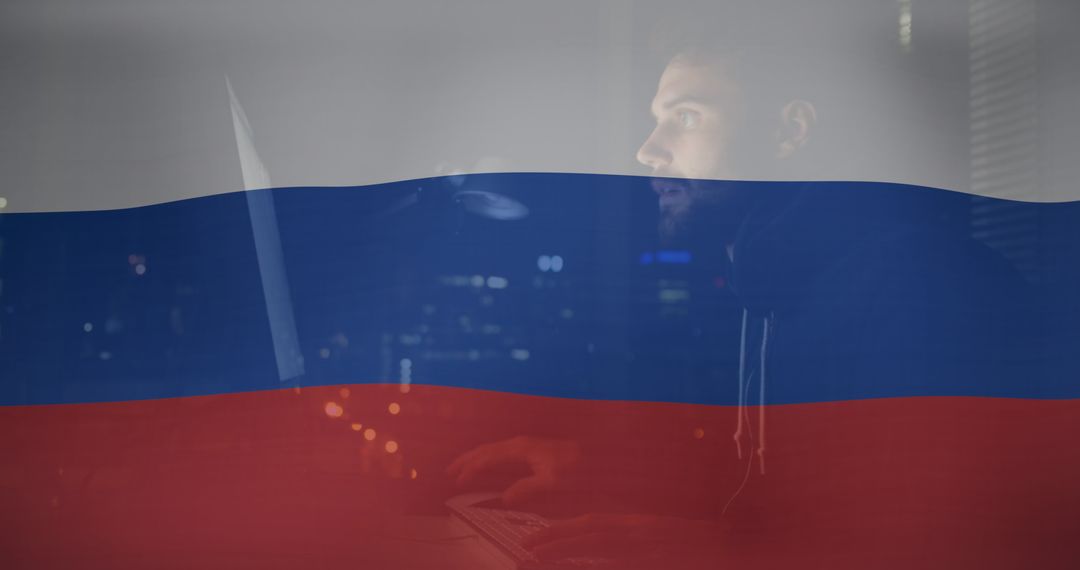 Male Hacker with Russian Flag Noire Cyber Warfare Concerns
