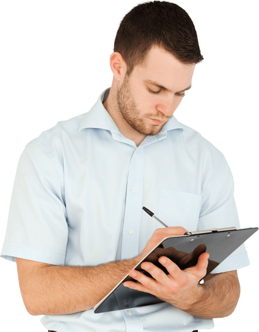 Transparent Young Professional Making Notes on Clipboard