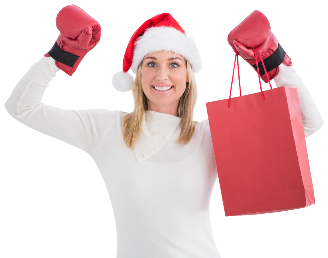 Festive Woman in Boxing Gloves with Shopping Bag on Transparent Background - Download Free Stock Images Pikwizard.com