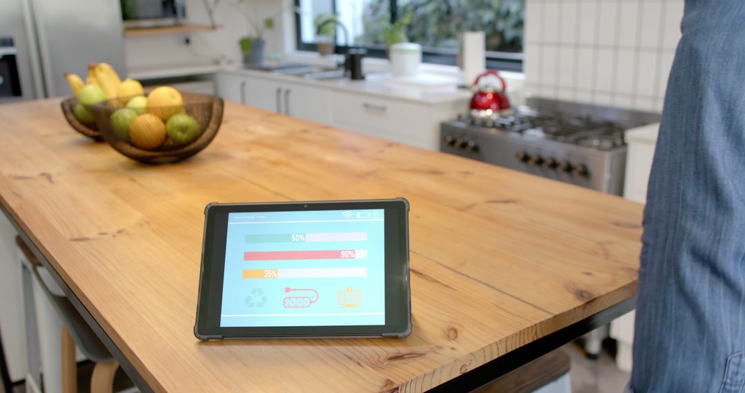 Tablet Displaying Smart Home Dashboard in Modern Kitchen