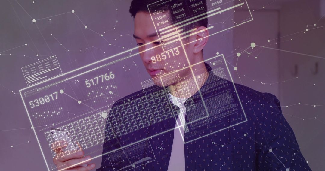 Asian Businessman Interacting with Retrofuturistic Digital Display