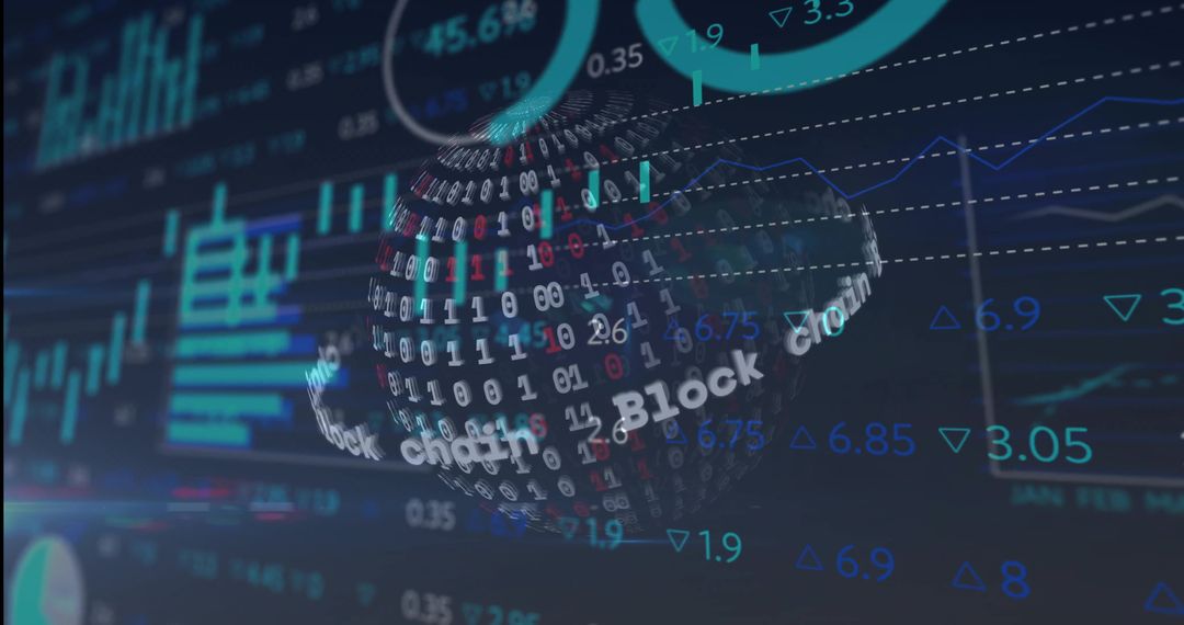 Digital Blockchain Sphere with Financial Graphs and Charts