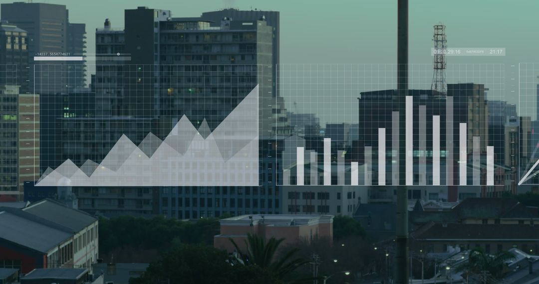 Digital Graphs Overlay on City Skyline Representing Business Growth