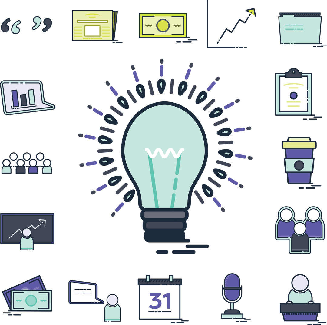 Digital Business Icons with Lightbulb on Transparent Background