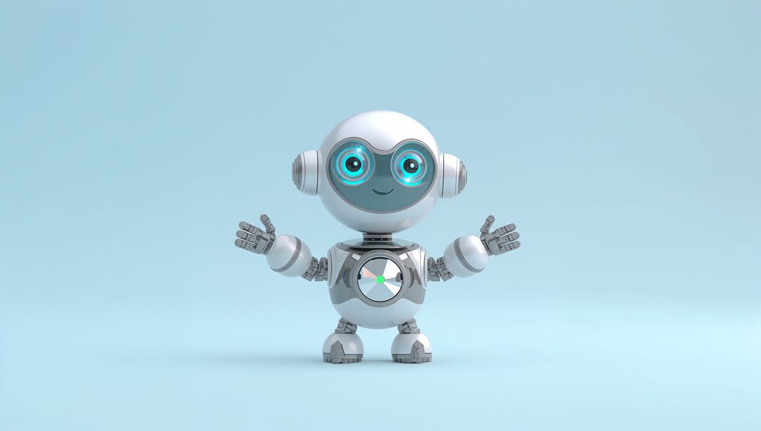 Posing Friendly Humanoid Robot Raising Hands Showing Glowing Chest Core on Pale Blue