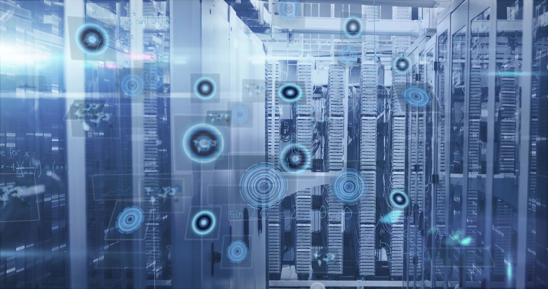 High-Tech Data Center with Mathematical Overlay and Symbols