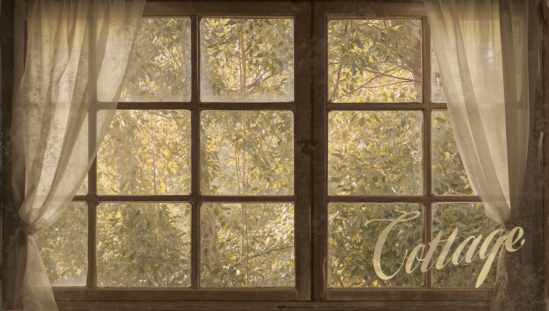 Sunlit Rustic Cottage Window Framing Sheer Curtains and Golden Foliage in Sepia