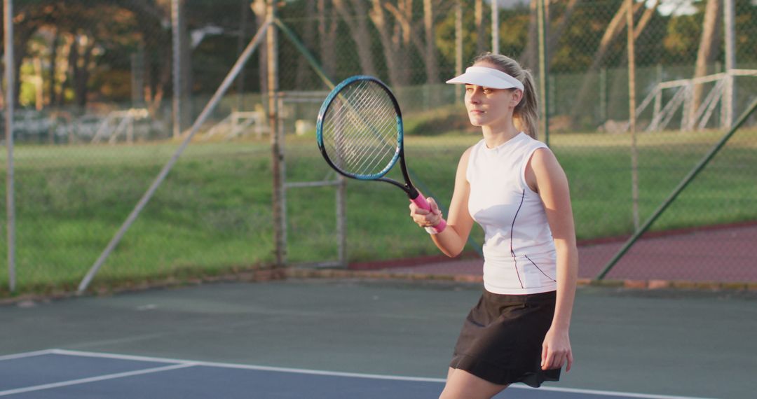 Young Woman Playing Tennis on Outdoor Court at Sunset - Free Images, Stock Photos and Pictures on Pikwizard.com