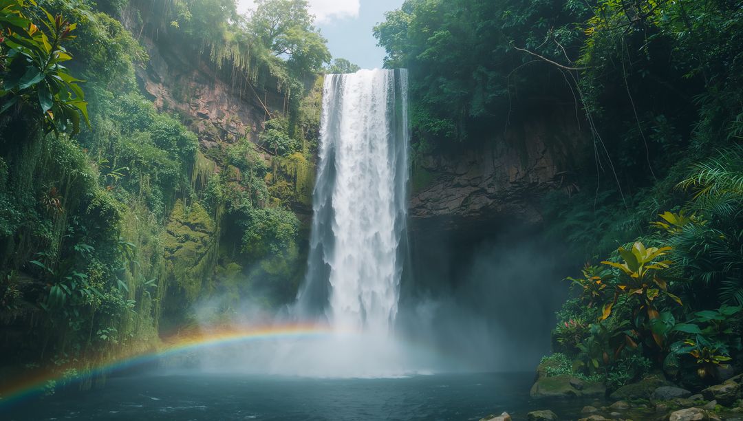 Serene Waterfall With Rainbow in Lush Paradise
