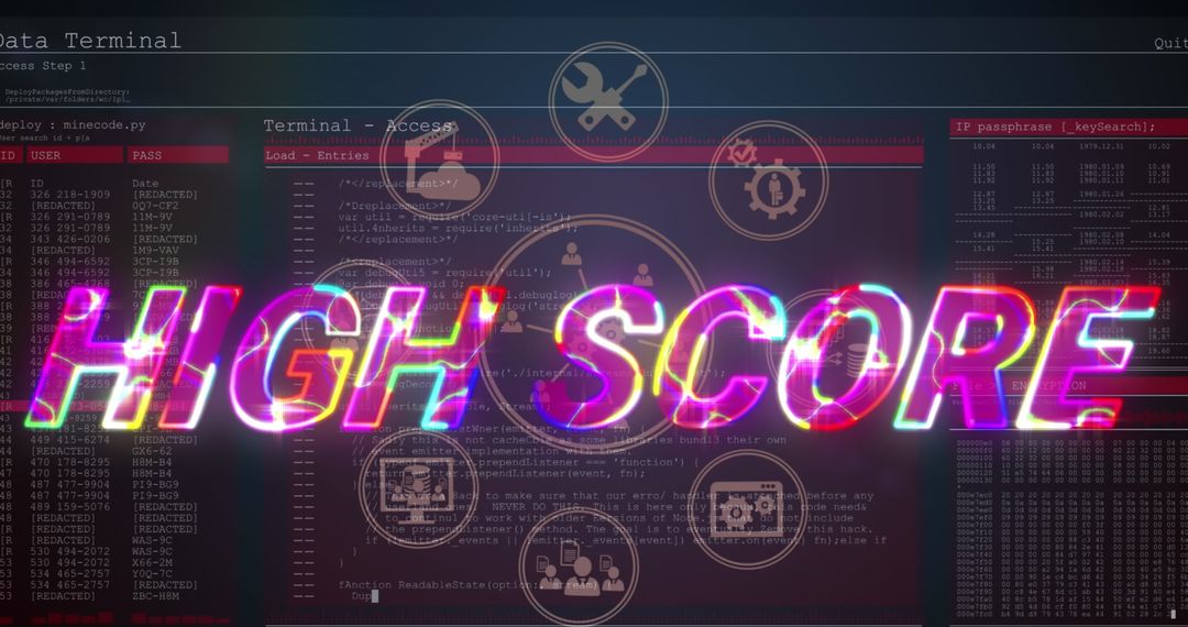 High Score Glitch Text with Data Processing Icons