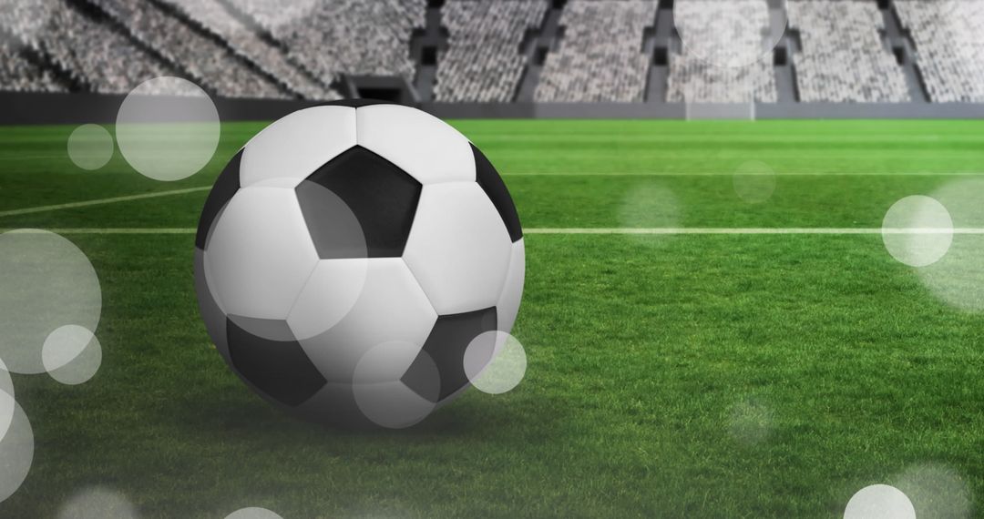 Soccer Ball on Grass With Bokeh in Stadium, World Cup Design Concept