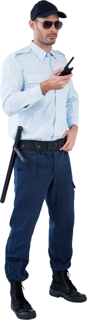 Transparent Security Guard in Uniform with Walkie Talkie Communicating