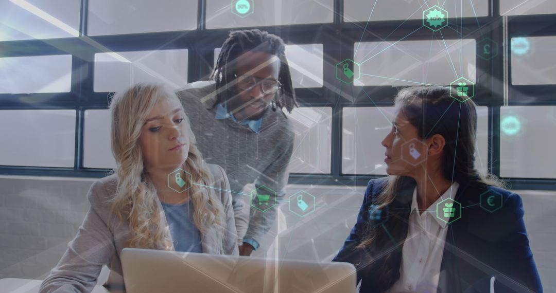 Diverse Coworkers Collaborating with Futuristic Network Technology