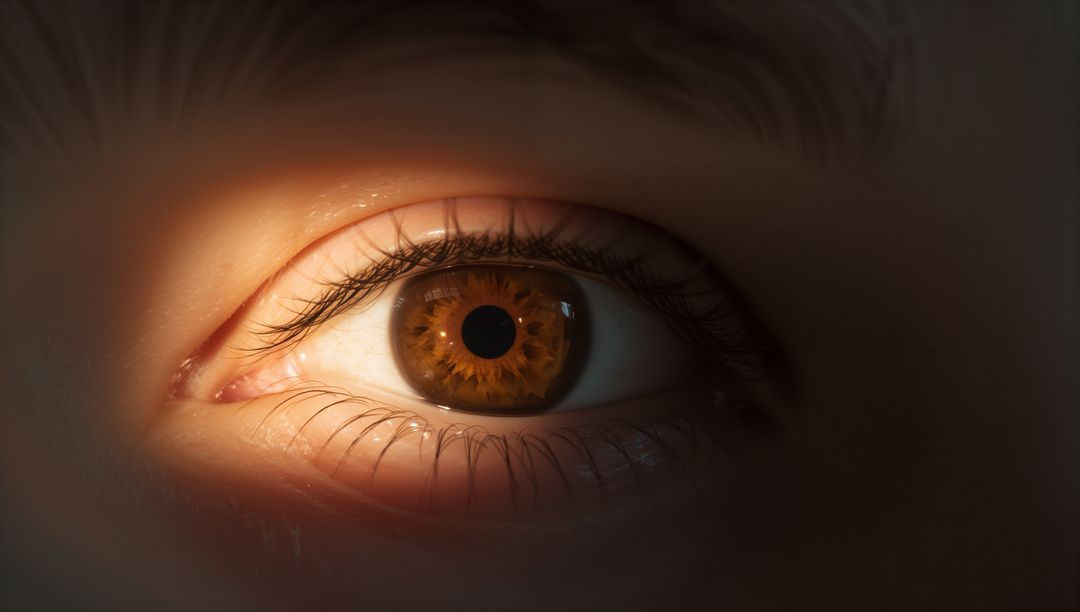 Illuminating Single Eye Revealing Amber Iris and Textured Pupil in Dramatic Macro Lighting