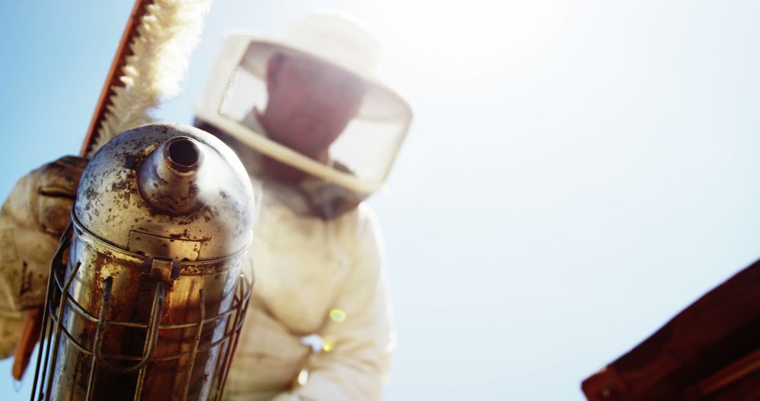 Beekeeper Using Hive Smoker in Apiary on Sunny Day