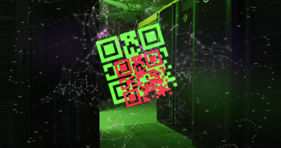 Futuristic QR Code Overlay in Data Server Room