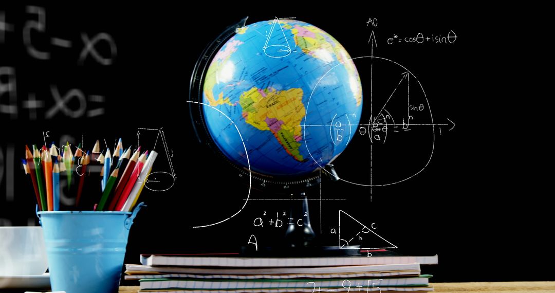 Mathematical Equations Overlay on Globe and School Supplies