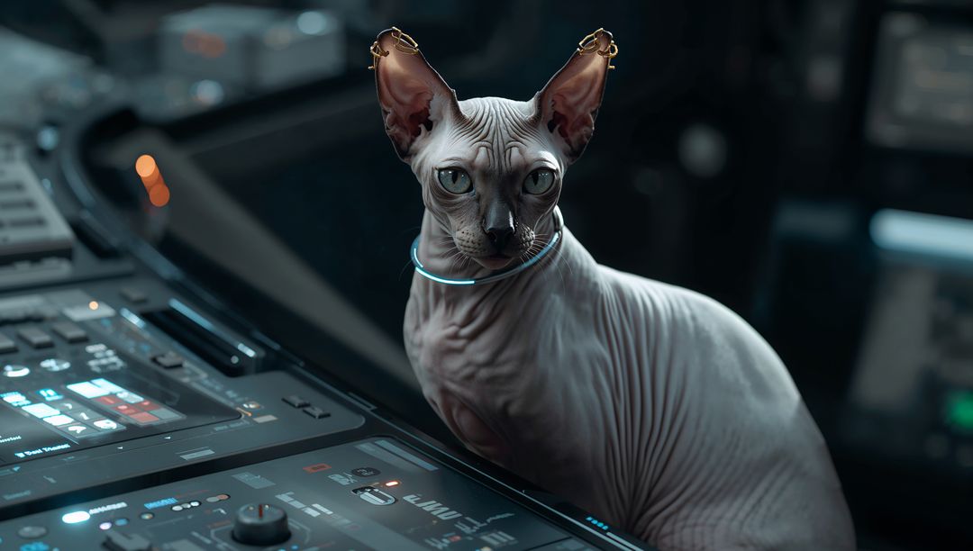 Sphynx Cat Perching on Futuristic Bridge Console with Neon Collar and Gold Cuffs