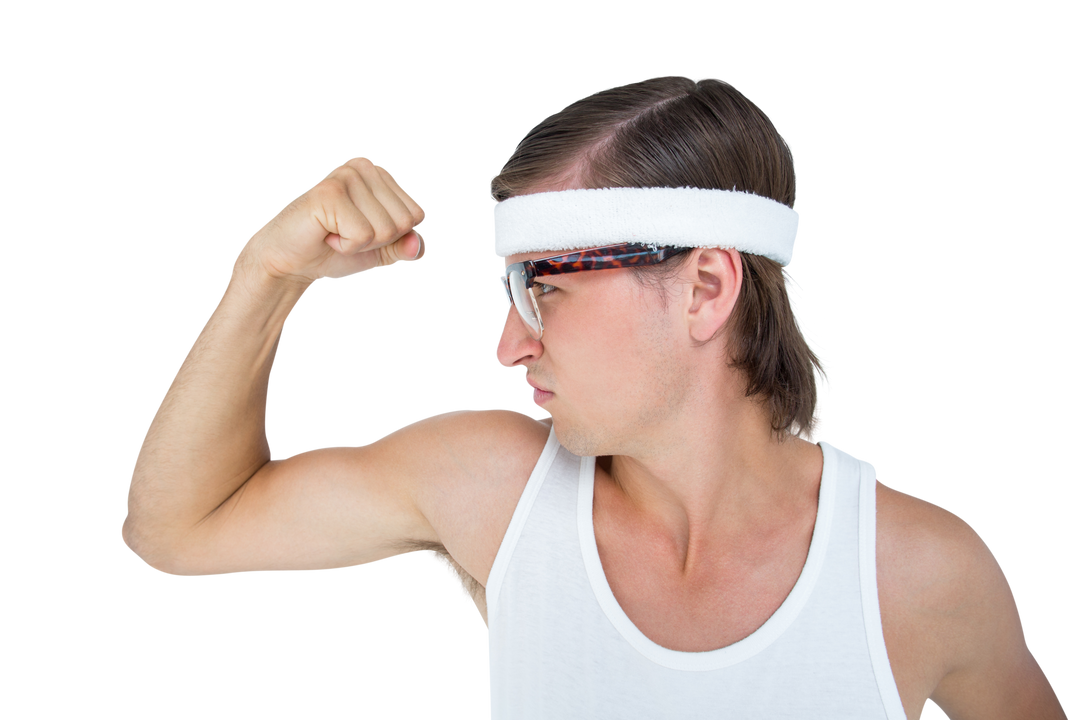 Geeky Hipster Posing Flexing Muscles Transparent Background Retro Sportswear - Download Free Stock Images Pikwizard.com