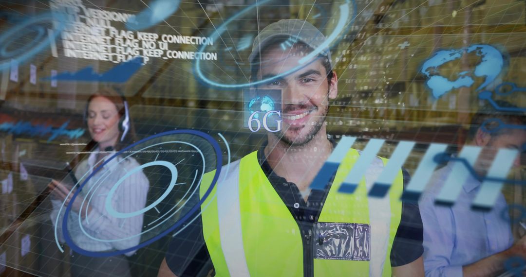 Smiling warehouse worker using 6G AR interface for logistics and inventory analytics
