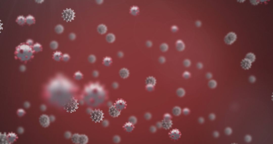 Microscopic View Floating Virus Particles On Red Background