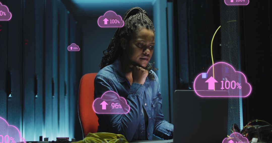 Afro-American Woman in Server Room with Cloud Computing Interface