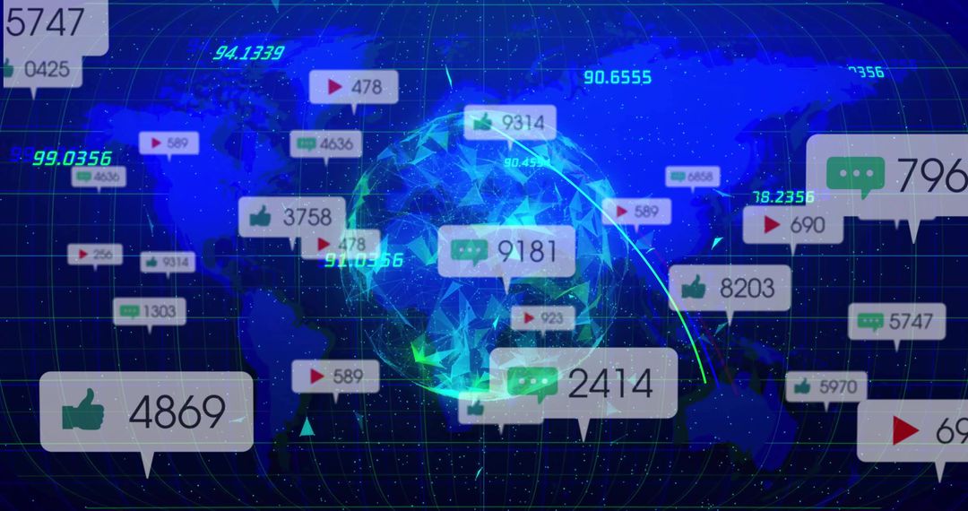 Polygonal globe virtual dashboard digital analytics metric visualization